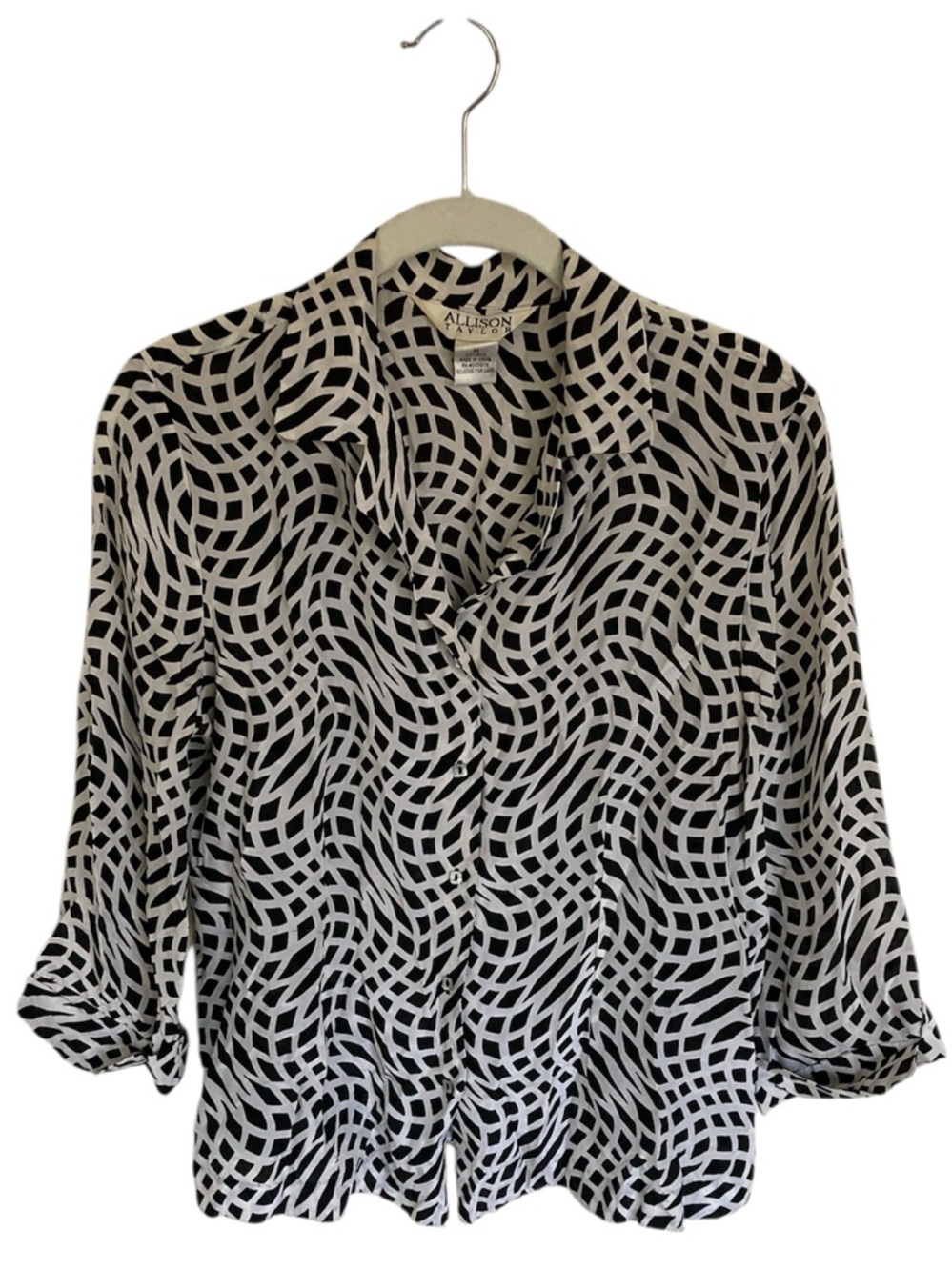 Allison Taylor Silk Wavy Grid Print Blouse Top Sz M B/W